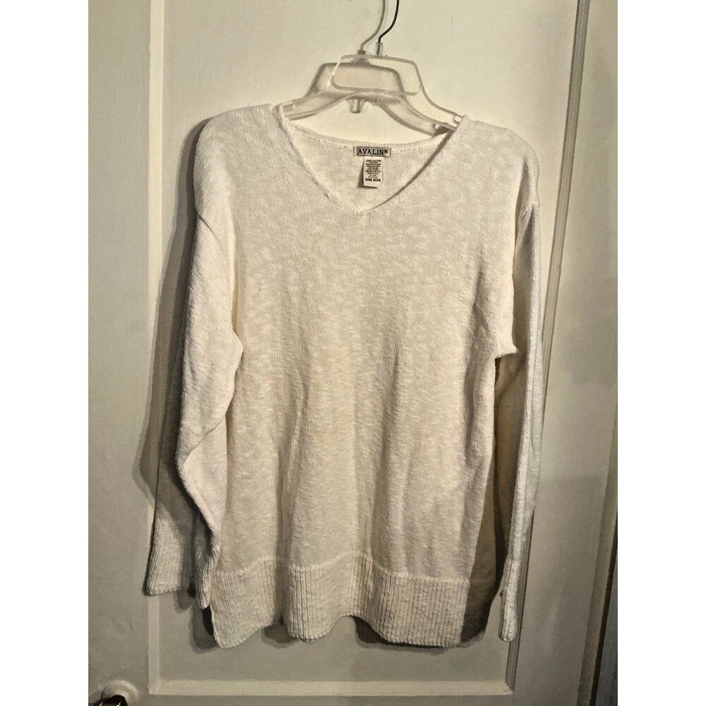 Avalin Womens Cotton Knit Top V-Neck White Made USA OS Coastal Casual Boho